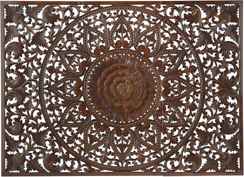 Deco 79 Wooden Floral Handmade Home Wall Decor Intricately Carved Wall Sculpture with Mandala Design, Set of 3 Wall Art 22" W, 48" H, Brown in Saudi Arabia