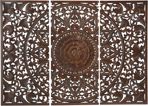 Deco 79 Wooden Floral Handmade Home Wall Decor Intricately Carved Wall Sculpture with Mandala Design, Set of 3 Wall Art 22" W, 48" H, Brown in Saudi Arabia