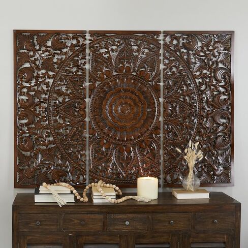 Deco 79 Wooden Floral Handmade Home Wall Decor Intricately Carved Wall Sculpture with Mandala Design, Set of 3 Wall Art 22" W, 48" H, Brown in Saudi Arabia