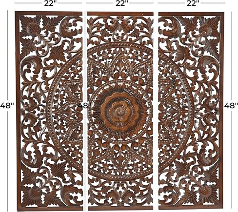 Deco 79 Wooden Floral Handmade Home Wall Decor Intricately Carved Wall Sculpture with Mandala Design, Set of 3 Wall Art 22" W, 48" H, Brown in Saudi Arabia