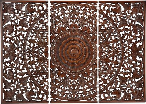 Deco 79 Wooden Floral Handmade Home Wall Decor Intricately Carved Wall Sculpture with Mandala Design, Set of 3 Wall Art 22" W, 48" H, Brown in Saudi Arabia