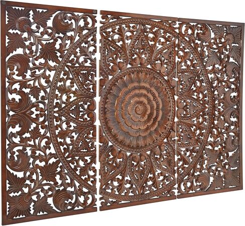 Deco 79 Wooden Floral Handmade Home Wall Decor Intricately Carved Wall Sculpture with Mandala Design, Set of 3 Wall Art 22" W, 48" H, Brown in Saudi Arabia