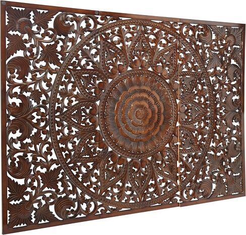 Deco 79 Wooden Floral Handmade Home Wall Decor Intricately Carved Wall Sculpture with Mandala Design, Set of 3 Wall Art 22" W, 48" H, Brown in Saudi Arabia