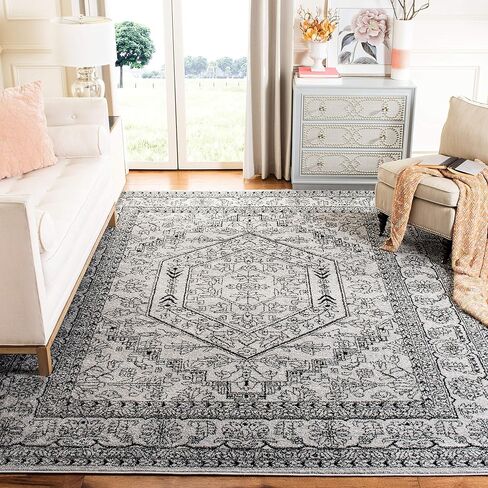 سجادة منطقة مجموعة SAFAVIEH Adirondack - 25.4 سم × 35.56 سم، فضي وأسود، تصميم ميدالية شرقية، لا يتساقط ويسهل العناية بها، مثالية للمناطق ذات الحركة العالية في غرفة المعيشة وغرفة النوم (ADR108A) in Saudi Arabia