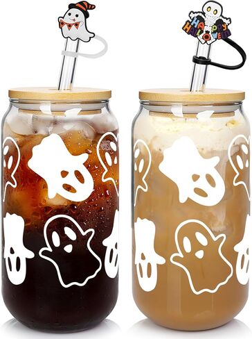 ANOTION Halloween Mugs - 18 oz Halloween Ghost Decor Ghost Mug Halloween Decorations Glass Cups Tumbler Iced Coffee Cups Glassware Cookie Jar Decor Gift Drinking Water Bottles in Kuwait