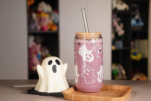 ANOTION Halloween Mugs - 18 oz Halloween Ghost Decor Ghost Mug Halloween Decorations Glass Cups Tumbler Iced Coffee Cups Glassware Cookie Jar Decor Gift Drinking Water Bottles in Kuwait