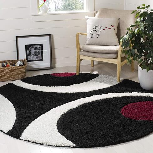 SAFAVIEH Florida Shag Collection 6'7" مستدير أسود/عاجي SG474 منتصف القرن حديث تجريدي غير قابل للتساقط غرفة المعيشة وغرفة النوم وغرفة الطعام مدخل قطيفة بسمك 1.2 بوصة سجادة منطقة سميكة in Saudi Arabia