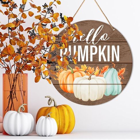 Fall Sign Front Door Decor, Fall Round Hanging Sign Decor Farmhouse Hello Pumpkin Autumn Wall Decorations Maple Leaves Harvest Thanksgiving Wood Sign for Porch, Home, Office in Saudi Arabia
