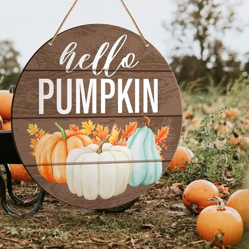 Fall Sign Front Door Decor, Fall Round Hanging Sign Decor Farmhouse Hello Pumpkin Autumn Wall Decorations Maple Leaves Harvest Thanksgiving Wood Sign for Porch, Home, Office in Saudi Arabia