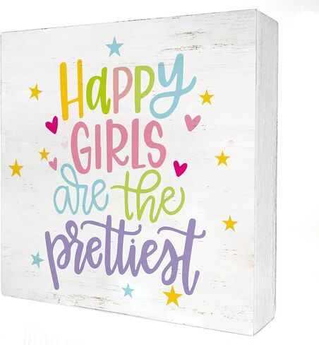 لافتة صندوق خشبي ملهمة للفتيات لحضانة البنات، الفتيات السعيدات هي أجمل لوحة خشبية لديكور غرفة البنات على سطح الطاولة in Kuwait