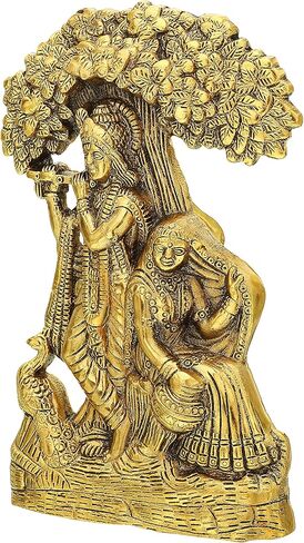 يقف جولدن رادها كريشنا يلعب الناي تحت الشجرة -9.5 × 6 بوصات تمثال ديكور للمنزل، المعبد، المكتب، ديكور الغرفة - أفضل هدايا الانتقال لمنزل جديد in Kuwait
