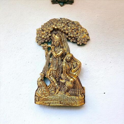 يقف جولدن رادها كريشنا يلعب الناي تحت الشجرة -9.5 × 6 بوصات تمثال ديكور للمنزل، المعبد، المكتب، ديكور الغرفة - أفضل هدايا الانتقال لمنزل جديد in Kuwait