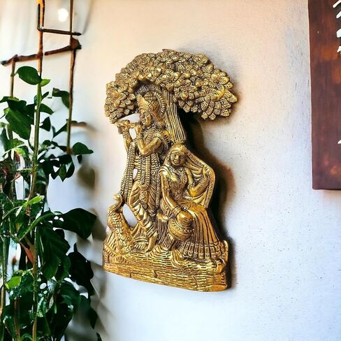 يقف جولدن رادها كريشنا يلعب الناي تحت الشجرة -9.5 × 6 بوصات تمثال ديكور للمنزل، المعبد، المكتب، ديكور الغرفة - أفضل هدايا الانتقال لمنزل جديد in Kuwait