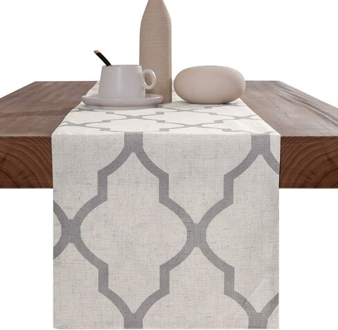 JINCHAN Moroccan Tile Print Table Runner Farmhouse Linen Table Runners 72 Inches Long Coffee Table Decor for Dresser Geometric Trellis Printed Kitchen Dining Room 1 Panel 13x72 Inch Soft Grey on Beige in Saudi Arabia