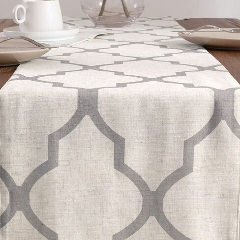 JINCHAN Moroccan Tile Print Table Runner Farmhouse Linen Table Runners 72 Inches Long Coffee Table Decor for Dresser Geometric Trellis Printed Kitchen Dining Room 1 Panel 13x72 Inch Soft Grey on Beige in Saudi Arabia