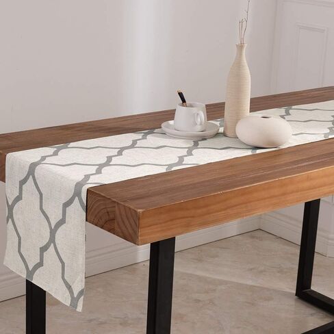 JINCHAN Moroccan Tile Print Table Runner Farmhouse Linen Table Runners 72 Inches Long Coffee Table Decor for Dresser Geometric Trellis Printed Kitchen Dining Room 1 Panel 13x72 Inch Soft Grey on Beige in Saudi Arabia