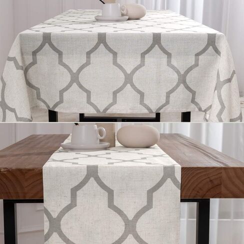 JINCHAN Moroccan Tile Print Table Runner Farmhouse Linen Table Runners 72 Inches Long Coffee Table Decor for Dresser Geometric Trellis Printed Kitchen Dining Room 1 Panel 13x72 Inch Soft Grey on Beige in Saudi Arabia