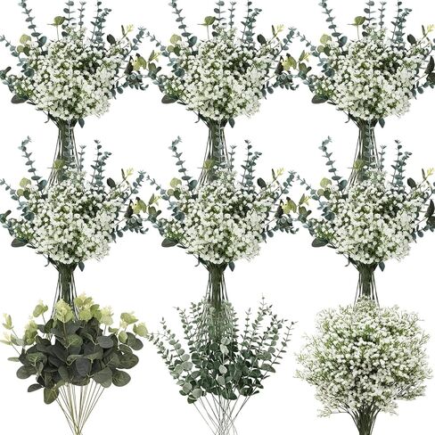 80 Pcs 20.5 Inch Babys Breath Artificial Flowers and 2 Kinds Artificial Eucalyptus Stems Leaves Greenery Faux Silver Dollar Bouquets Babys Breath Flowers for Wedding Bridal Centerpiece Decor in Saudi Arabia