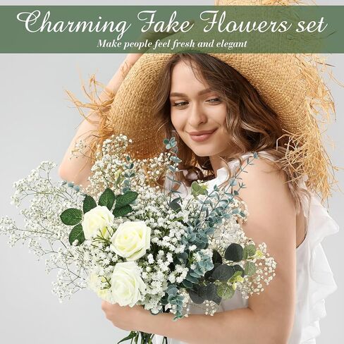 80 Pcs 20.5 Inch Babys Breath Artificial Flowers and 2 Kinds Artificial Eucalyptus Stems Leaves Greenery Faux Silver Dollar Bouquets Babys Breath Flowers for Wedding Bridal Centerpiece Decor in Saudi Arabia