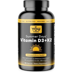 فيتامين D3 لأيام الصيف 125 ميكروغرام (5000 وحدة دولية) + K2 مع BioPerine® لصحة المناعة والعظام والعضلات والقلب* - 90 كبسولة