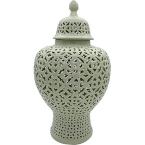 Galt International 23" Hand Carved Cutout Lattice Ginger Jar with Lid - Porcelain Home Decor with Intricate Mediterranean Inspired Filigree Lattice Work Decoration (White)