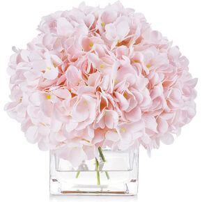 Enova Floral Artificial Flowers Silk Hydrangea Fake Flowers Arrangement in Cube Glass Vase with Faux Water for Home Office Wedding Party Event(Pink)