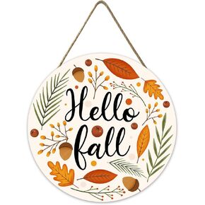 Hello Fall Wooden Sign for Front Door - Maple Leaves Thanksgiving Decorations - Fall Harvest Hanging Autumn Farmhouse Door Decor 12x12Inch