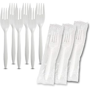MT Products Individually Wrapped White Disposable Plastic Forks - Medium Weight - Pack of 100