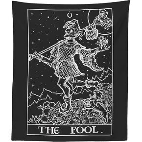 The Fool Tarot Card Tapestry (Black & White) - Court Jester - Gothic Halloween Home Decor Wall Hanging (60" x 50")