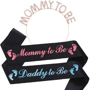Mommy; To Be & Daddy To Be Baby Shower Sash Black and CROWN, Baby Shower Party Gifts for New Mom Dad Gender Reveal Supplies Decorations Favors, Pregnancy Props Keepsake
