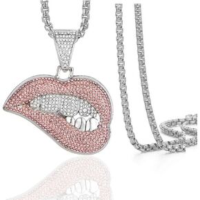 Chunky Bling Iced Out Cuban Link Chain Necklace Choker for Men Women,Large Sparkly Fake Diamond Chain Biting Lips Pendant,Miami Rhinestone Necklace Hip Hop Cool Punk Jewelry Gifts for Boys