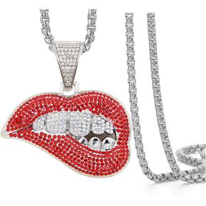 Chunky Bling Iced Out Cuban Link Chain Necklace Choker for Men Women,Large Sparkly Fake Diamond Chain Biting Lips Pendant,Miami Rhinestone Necklace Hip Hop Cool Punk Jewelry Gifts for Boys