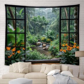 AMFD Tropical Rainforest Tapestry Jungle Green Tree Waterfall Pond Garden Nature Landscape Home Decor Tapestries Wall Blanket For Bedroom Living Room Dorm(59.1 x 51 inches)