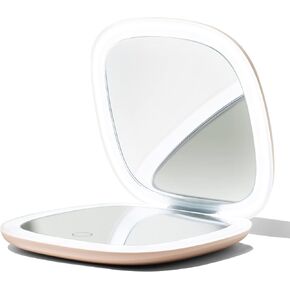 Vanity Planet Pocket Makeup Mirror with Lights & Magnification, Moda - Mini Light-Up Compact & Travel Makeup Mirror - Portable, Adjustable & Rechargeable LED Magnifying Mirror for On-The-Go - Nude