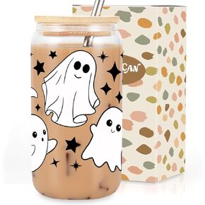 كوب coolife Ghost Halloween، أكواب زجاجية سعة 16 أونصة مع أغطية قش - كوب قهوة مثلج مخيف، كوب عصير، هدايا عيد الهالوين اللطيفة للنساء والفتيات - هدايا مخيفة للمراهقين والأولاد والبنات