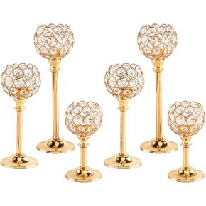 6 Pcs Crystal Candle Holder 3 Sizes Gold Candle Holders Bulk for Wedding Table Centerpiece, Tealight Table Decor, Tealight Candlestick Holder for Fireplace Candelabra, Home Living Room Decor