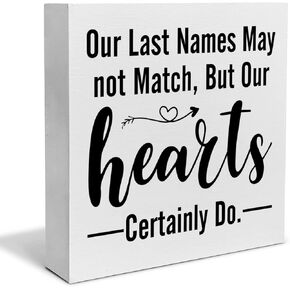 Blended Family Decorative Wooden Box Sign Our Last Names May not Match But Our Hearts Certainly Do Wood Block Plaque Decor Rustic Shelf or Wall Display for Home Living Room Bedroom