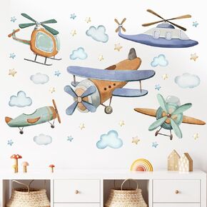 Mfault Watercolor Airplane Wall Decals Stickers, Aircraft Biplane Nursery Decorations Kids Bedroom Art, Plane Cloud Stars Toddlers Boys Baby Room Playroom Decor