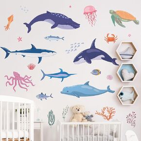Removable Ocean Wall Decals DIY Under The Sea Creatures Wall Stickers Peel and Stick Fish Coral Seahorse Wall Decals Vinyl Ocean Mural Art Decor for Kids Baby Nursery Classroom Bedroom