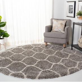 SAFAVIEH Hudson Shag Collection 5' Round Grey/Ivory SGH280B Moroccan Ogee Trellis Non-Shedding Living Room Bedroom Dining Room Entryway Plush 2-inch Thick Area Rug