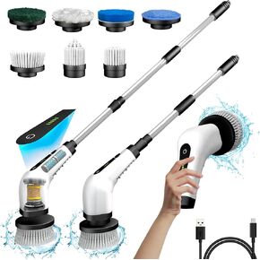PARAGON WS Electric Spin Scrubber, 2 Speeds Shower Scrubber with Long Handle 7 Replaceable Brush Heads Scrub Brushes for Cleaning Rechargeable Shower Cleaner Brush, White