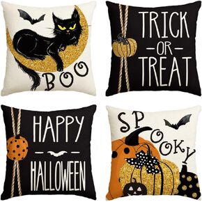 AVOIN colorlife Happy Halloween Boo Black Cat Trick or Treat Throw Pillow Covers, 18 x 18 Inch Spooky Pumpkin Bat Cushion Case for Sofa Couch Set of 4