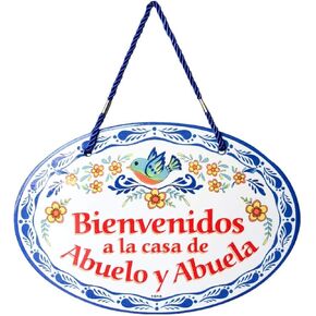 "Bienvenidos a La Casa de Abuelo & Abuela" Traditional Artwork Welcome To the Home of Grandpa & Grandma Ceramic 11x8 inches Spanish Regalo Gift Front Door Sign with Birds & Blue Motif by E.H.G