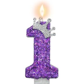 Purple Number 1 Candle for Girl Birthday Party Decorations, Girl 1st Birthday Party Decorations Supplies, 3D Crown Designed Purple Number Candles for Birthday Cake Topper Decorations