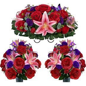 Headstone Flower Saddle, Artificial Cemetery Flower with Vases for Grave Decoration. Colorfast Silk Memorial Flower-Pink Lily Red Rose and Purple Carnations (Vase Included)