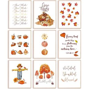 Whaline 9 Pcs Fall Theme Boho Wall Art Prints Thanksgiving Paper Art Posters Pumpkin Maple Leaves Scarecrow Aesthetic Wall Decor for Autumn Gallery Living Room Bedroom Office, 8 x 10 Inch (Unframed)