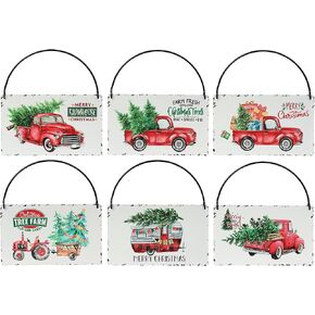 Rustic Red Truck Christmas Ornaments Set of 6,Farmhouse Enamel Hanging Signs for Christmas Tree Decorations Home Holiday Decor