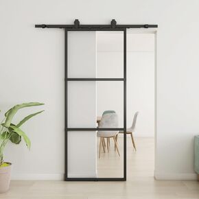 JUBEST 36in x 84in Glass Barn Door, Clear Tempered Glass Carbon Steel Pre Drilled Frame Sliding Barn Door Panel with 6FT Hardware Kit and Soft Close, Easy to Install