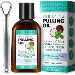 Coconut Pulling Oil for Teeth Whitening(4.2 Fl.Oz),Mouthwash Mint Oil Pulling with Tongue Scraper,Natural Coconut & Peppermint Oil Mouthwash,Supports Healthy Gums,Dye Free,Fresh Breath