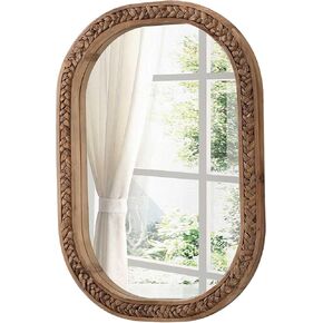 Rustic Oval Rattan Mirrors for Wall 16 X 24 Inch, Hanging Wood Frame Mirrors for Bedroom, Handmade Unique Coastal Mirror Wall Decorative for Bathroom Entryway, Horizontal or Vertical